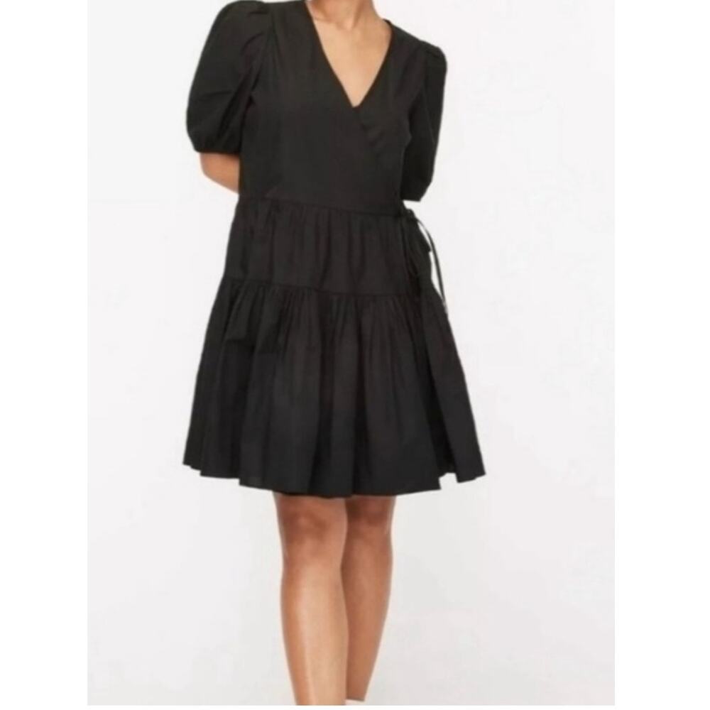 J Crew 2 pc  Black Wrap Dress & Slip Short Puff Sleeves Tiers Size Large NEW